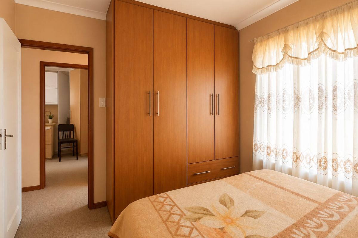 A bedroom featuring built-in wooden wardrobes, neutral carpet flooring, and a window with natural light.
