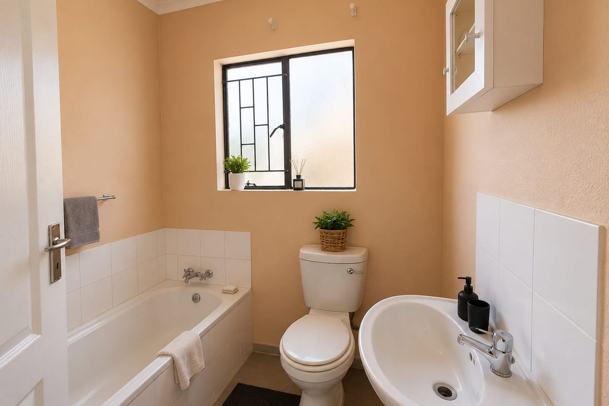 A functional bathroom featuring a bathtub, pedestal sink, and toilet, with neutral wall tones and a window fitted with security bars.
