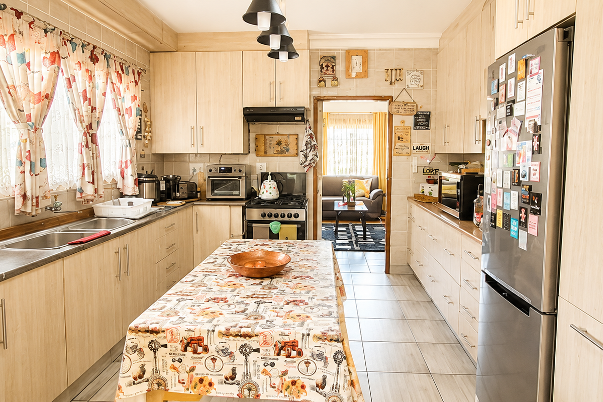 A functional kitchen featuring light wood-finish cabinetry, a gas stove with extractor fan, double sink, and tiled flooring, offering ample storage and workspace.