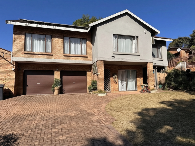 Front elevation of a two-story brick and plastered house featuring a double garage, paved driveway, and a landscaped front garden.
