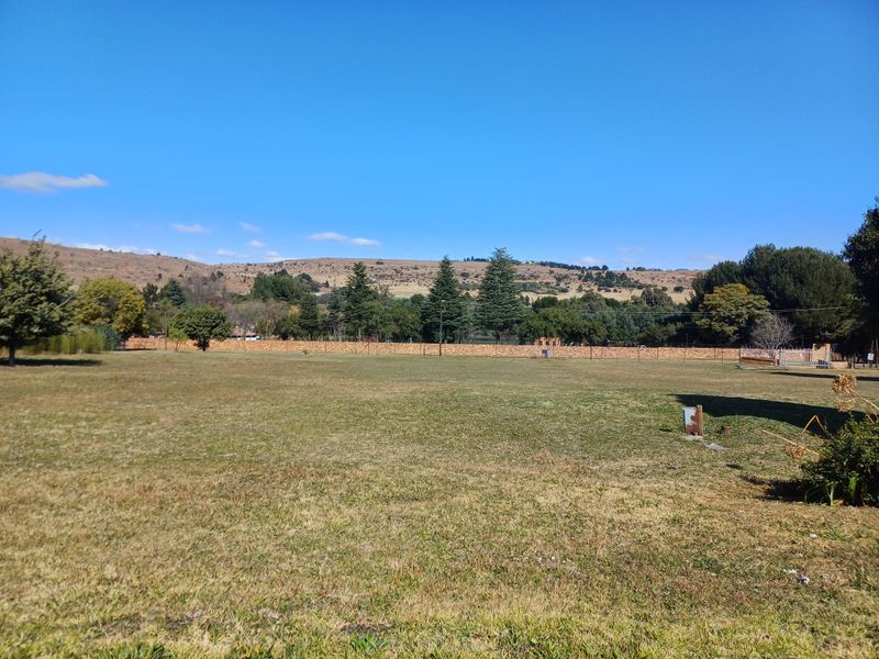 A wide-angle view of the property grounds featuring expansive lawn areas, mature trees, and scenic mountain views in the distance.