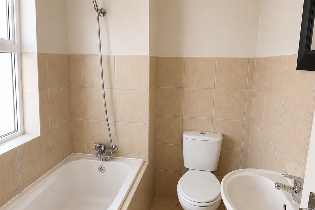 A functional bathroom featuring a bathtub with shower attachment, pedestal basin, and toilet, finished with neutral wall and floor tiling.