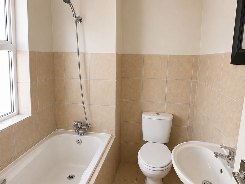 A functional bathroom featuring a bathtub with shower attachment, pedestal basin, and toilet, finished with neutral wall and floor tiling.