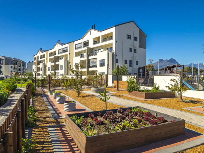 A well-maintained communal garden area featuring raised timber planter beds, paved pathways, and modern apartment buildings in the background.
