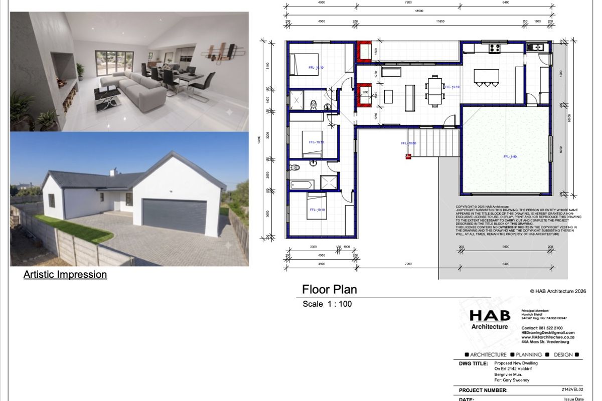 Architectural floor plan and artistic impressions for a proposed new dwelling, detailing the layout and exterior design.