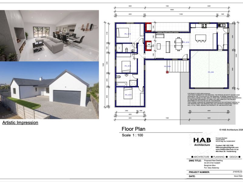 Architectural floor plan and artistic impressions for a proposed new dwelling, detailing the layout and exterior design.