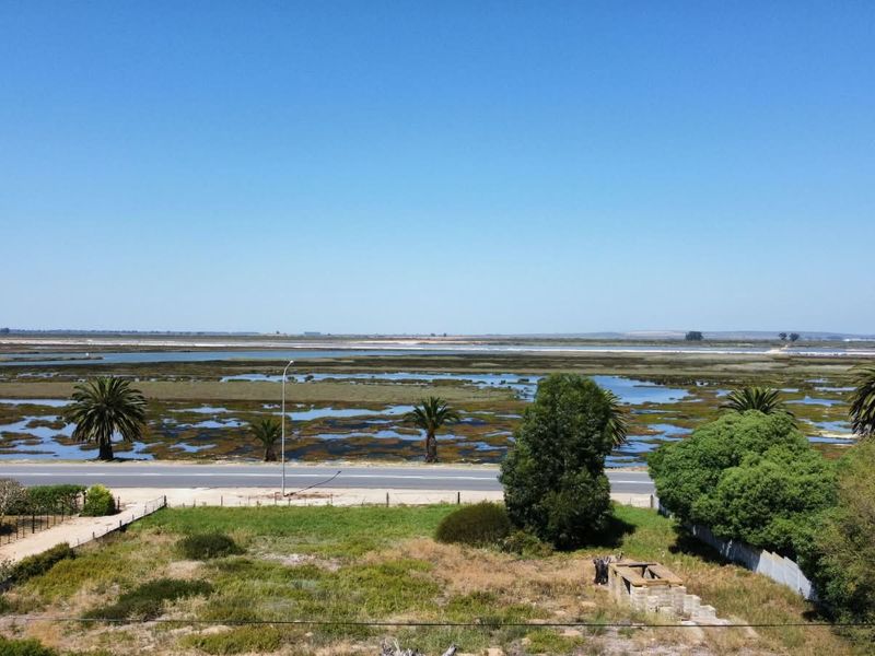 An elevated view overlooking a coastal wetland area with a road and surrounding landscape.