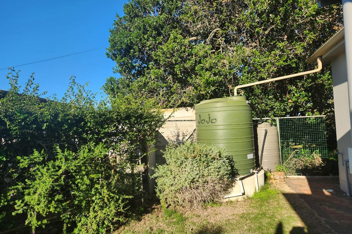 Rear garden area featuring a green rainwater storage tank connected to the building's guttering system, set against a backdrop of mature trees.