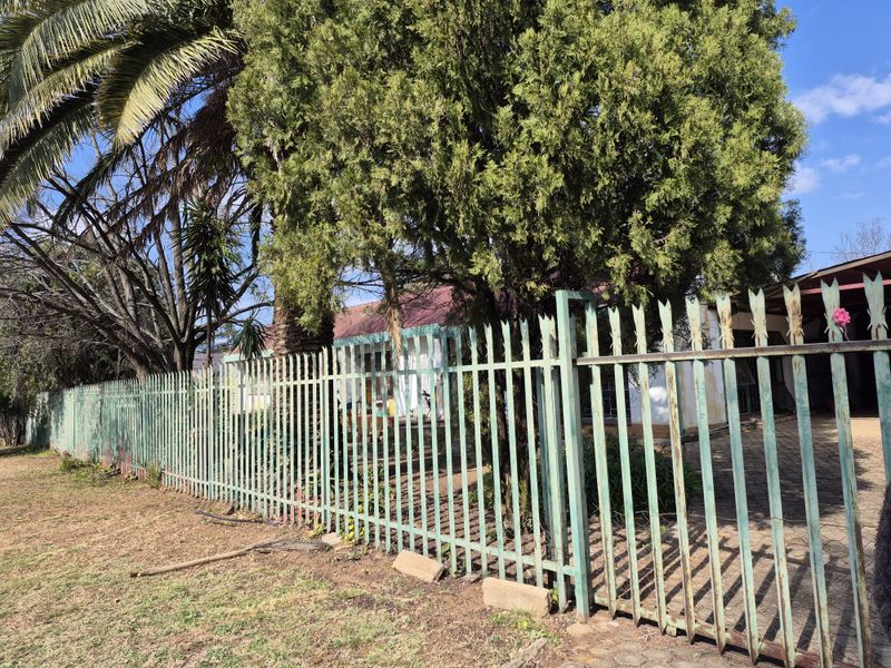 Front view of the property featuring a metal palisade fence, paved driveway, and mature trees surrounding the house exterior.