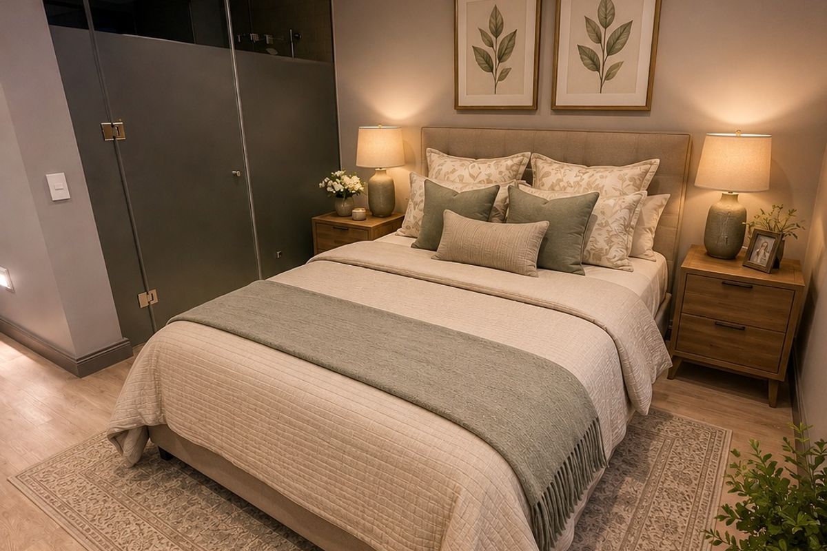 A well-appointed bedroom featuring modern laminate flooring, recessed lighting, and a sleek glass partition wall separating the sleeping area.
