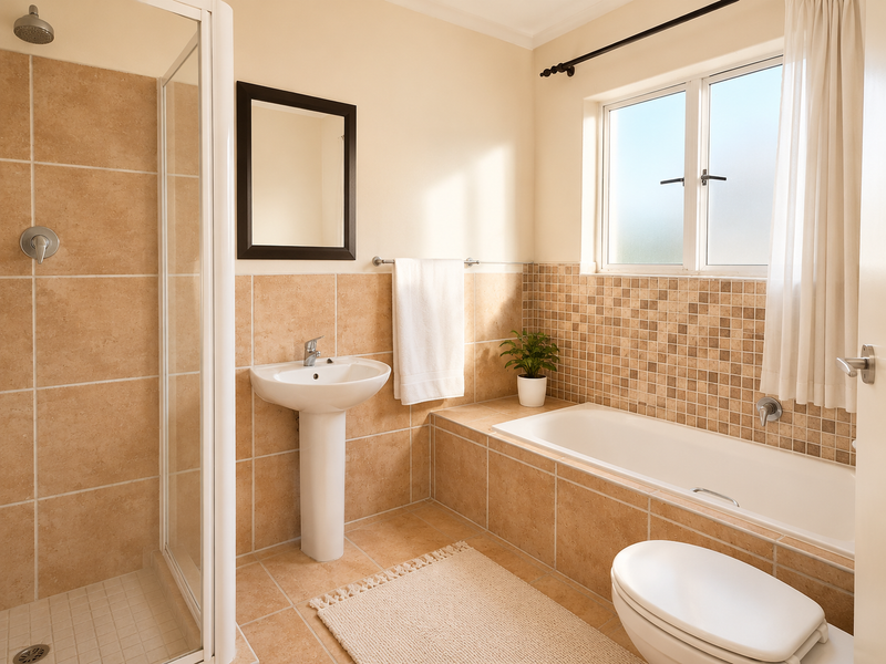 A well-maintained bathroom featuring a pedestal basin, a separate shower enclosure, and a built-in bathtub with neutral tiled finishes.
