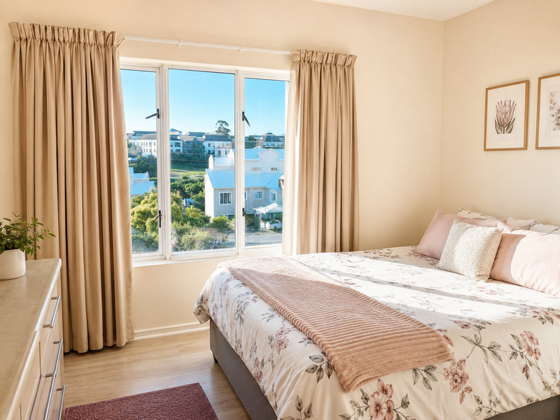 A bright and well-maintained bedroom featuring laminate flooring, neutral walls, and a large window offering pleasant neighborhood views.