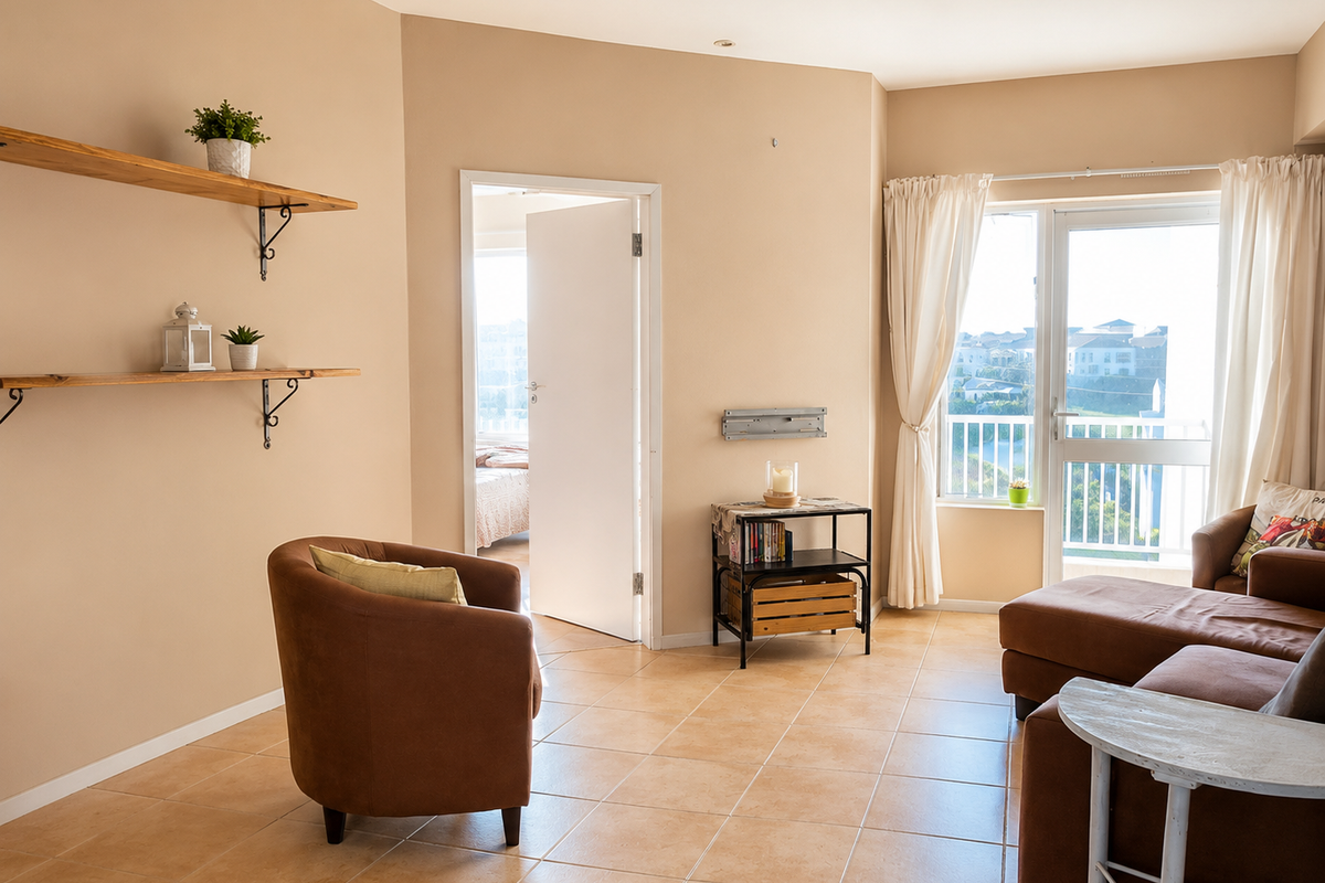 A bright living room featuring tiled flooring, wall-mounted shelving, and direct access to a balcony, offering a comfortable and functional living space.