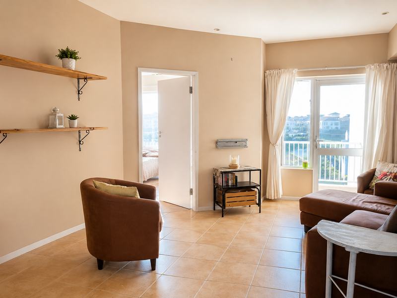 A bright living room featuring tiled flooring, wall-mounted shelving, and direct access to a balcony, offering a comfortable and functional living space.
