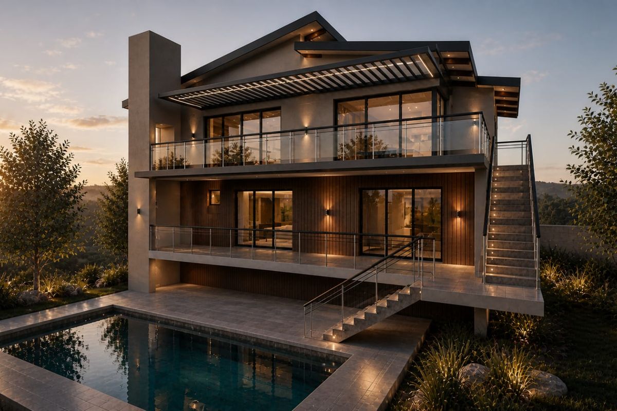 A modern multi-level residence featuring a swimming pool, expansive balconies with glass balustrades, and integrated outdoor lighting at sunset.