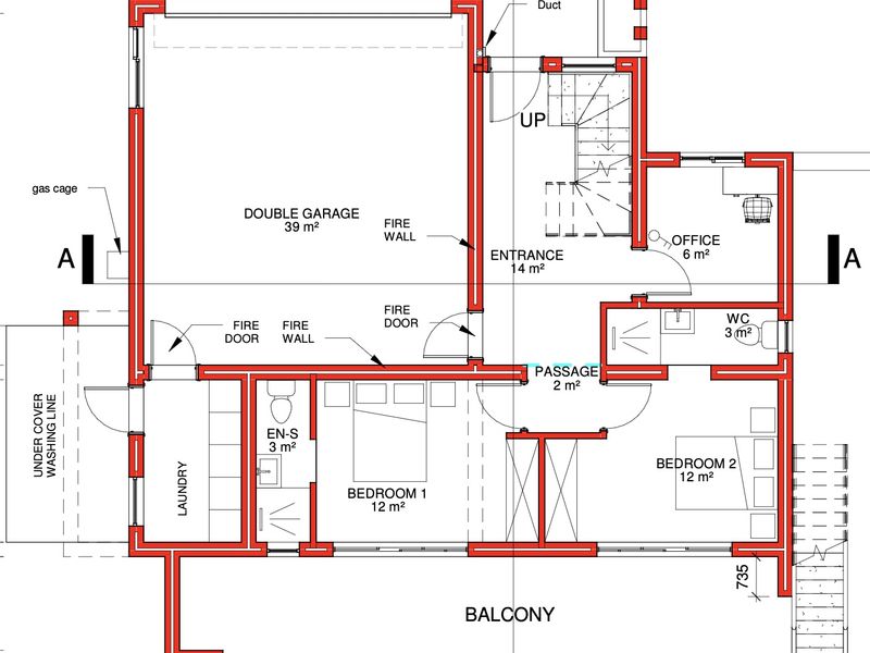 Architectural floor plan detailing the layout of the residential property, including garage, bedrooms, bathrooms, and balcony areas.