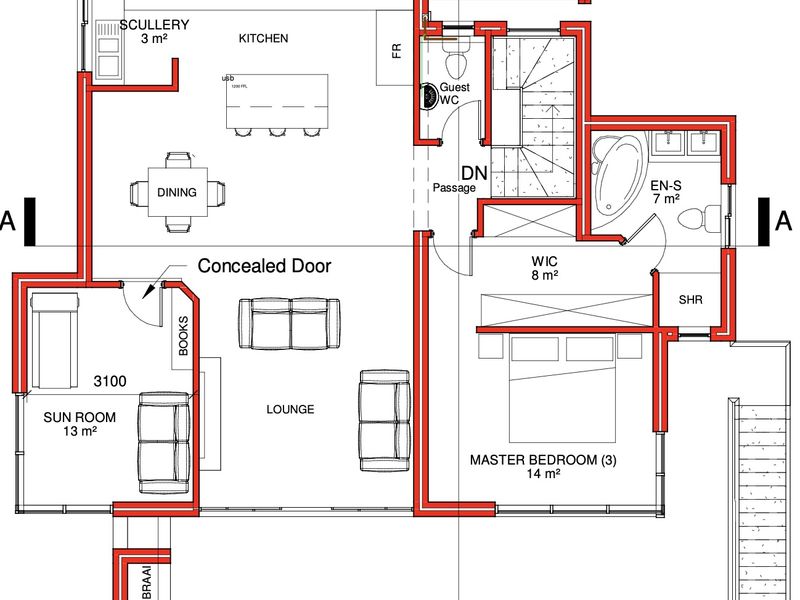 Architectural floor plan showing the layout of a residential property including kitchen, living areas, master suite, and outdoor braai area.