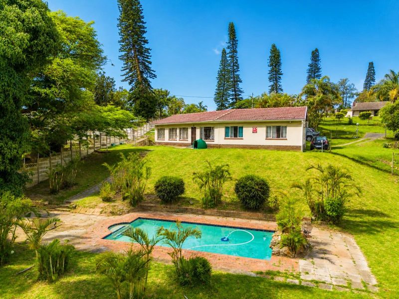 Rear view of the property featuring a swimming pool, expansive lawn, and a single-story house with a tiled roof.