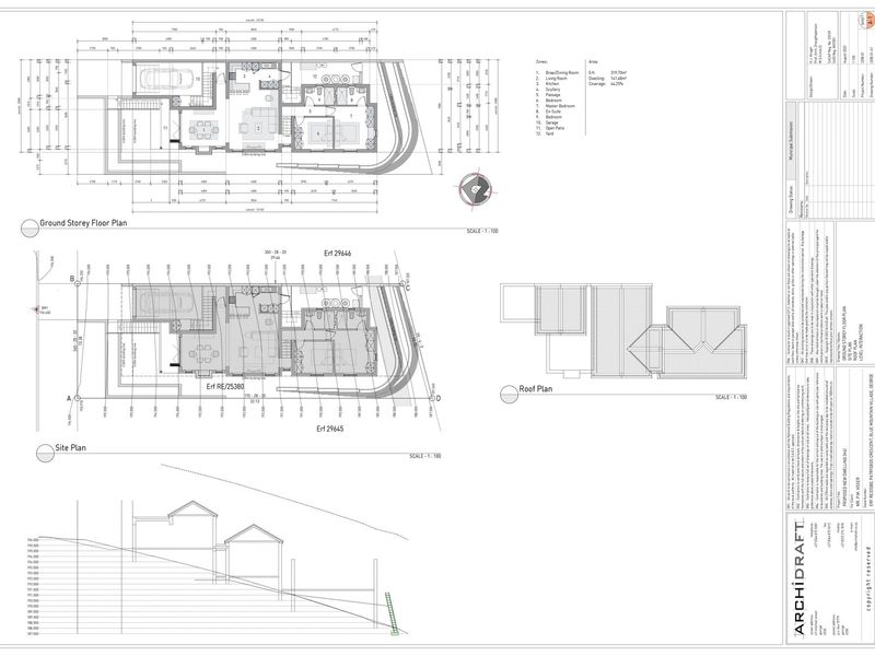Architectural floor plan and site plan for a proposed residential dwelling, including ground storey layout, roof plan, and site elevation details.