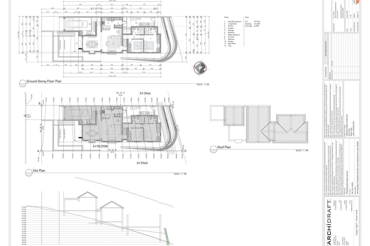 Architectural floor plan and site plan for a proposed residential dwelling, including ground storey layout, roof plan, and site elevation details.