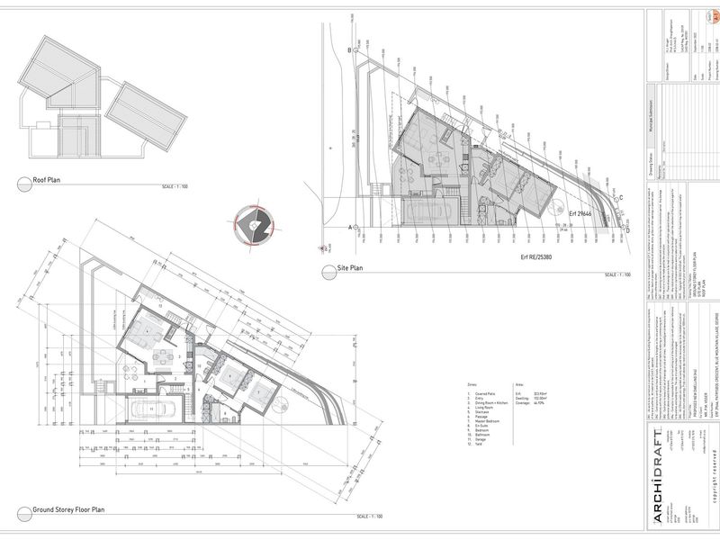 Architectural floor plan and site plan for a proposed new dwelling, detailing the ground storey layout, roof plan, and site positioning.