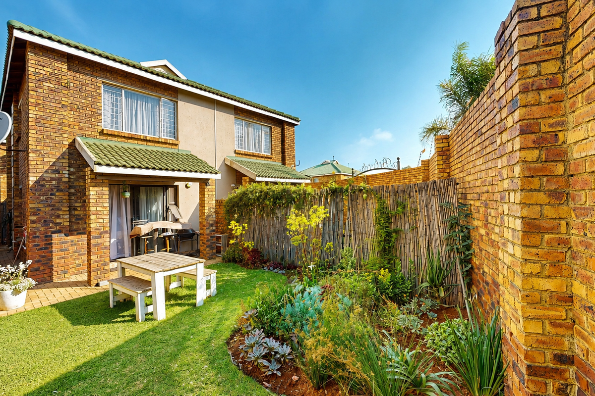 Rear view of a face brick townhouse featuring a private garden, paved patio area, and secure boundary walling.