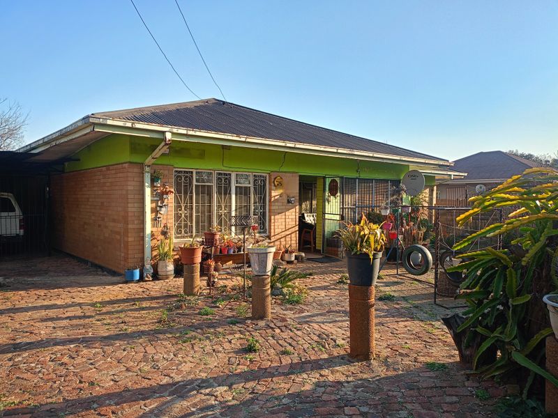 Front exterior view of a single-story brick house featuring a paved driveway, security gates, and a corrugated metal roof.