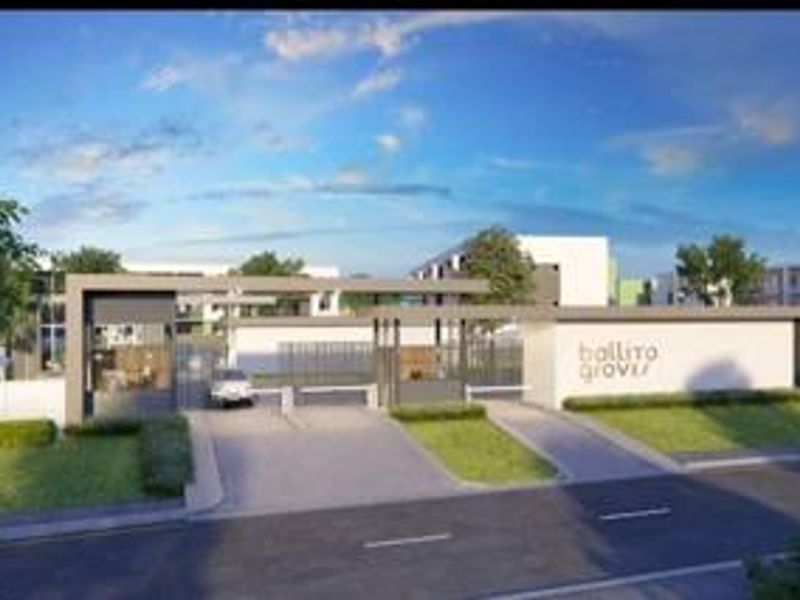 A digital rendering of the modern gated entrance and security access point for the Ballito Groves apartment complex.