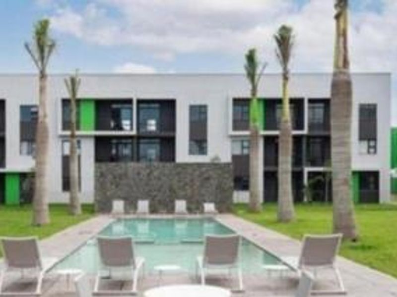 A well-maintained communal swimming pool area featuring a stone feature wall, paved deck, and landscaped garden with palm trees in an apartment complex.