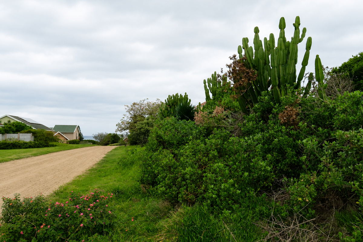 A view of an unpaved residential street lined with established indigenous vegetation and nearby coastal homes.