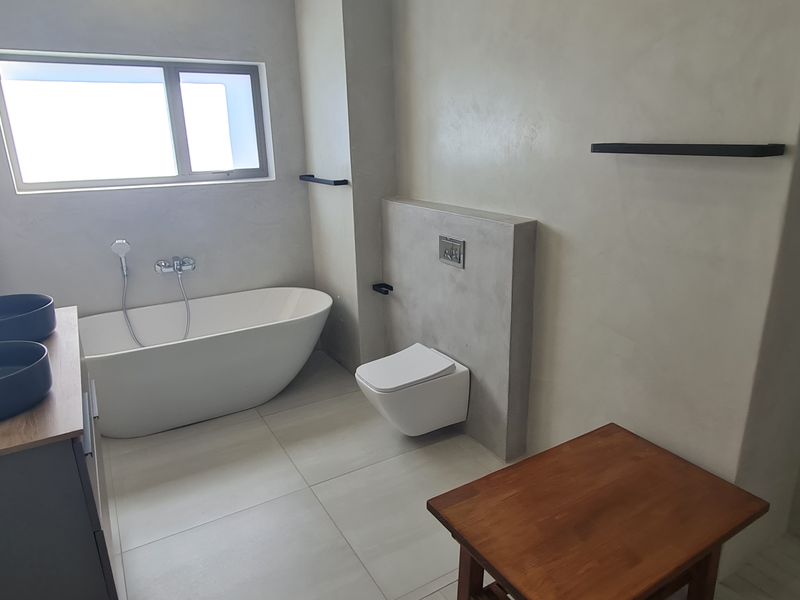 Modern bathroom featuring a sleek freestanding bathtub, wall-mounted toilet, double vessel sink vanity, and contemporary plastered wall finishes.