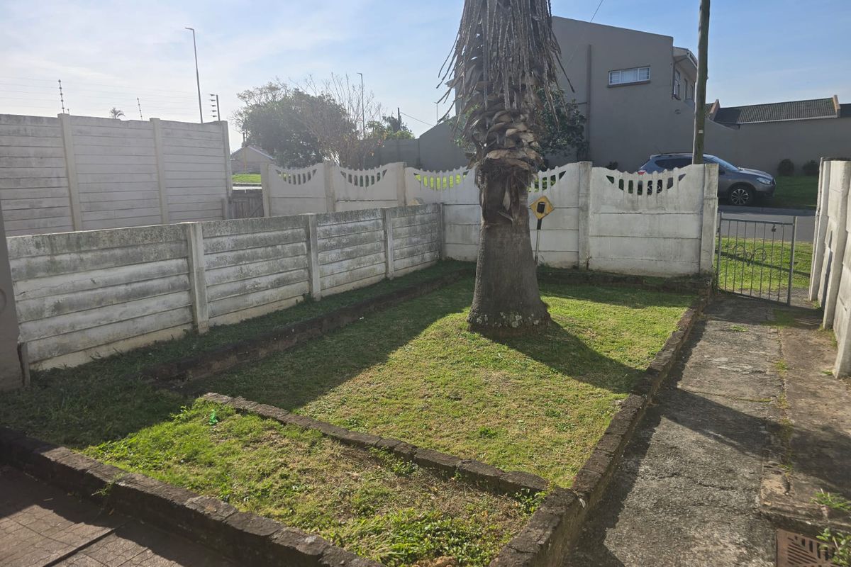 A private rear garden area featuring a precast concrete boundary wall, a paved walkway, and a central palm tree.