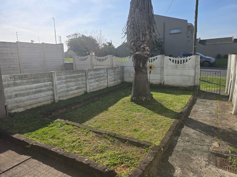 A private rear garden area featuring a precast concrete boundary wall, a paved walkway, and a central palm tree.