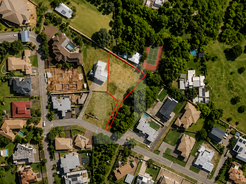 Aerial view of a vacant residential land plot situated within a developed estate, highlighting the property boundaries and surrounding neighborhood context.