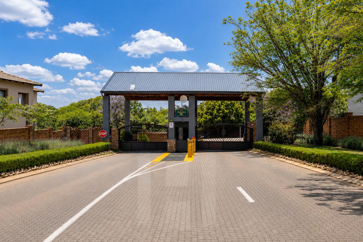 A well-maintained gated security entrance for the residential estate, featuring paved access, metal gates, and established perimeter landscaping.