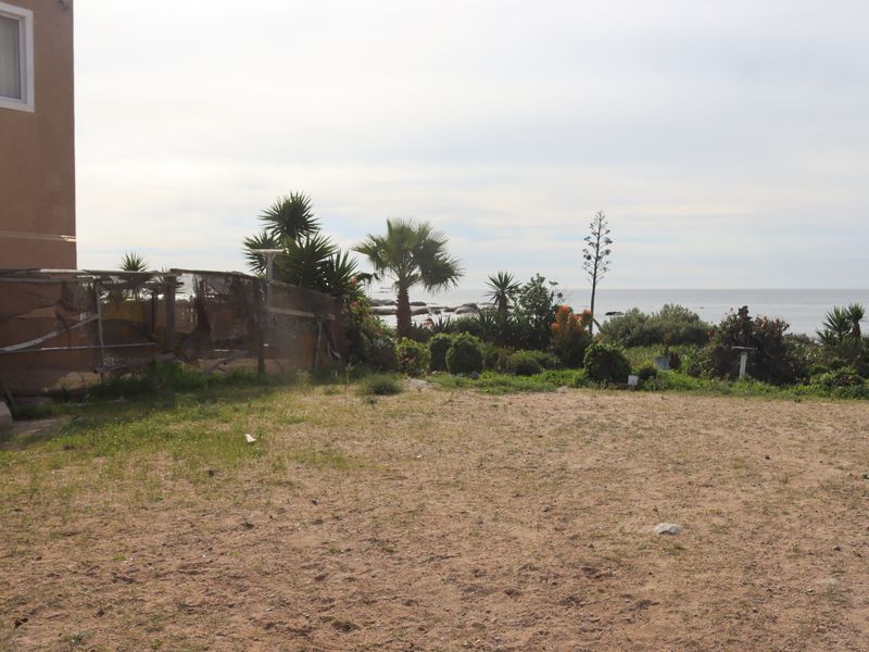 Rear exterior view of the property featuring a sandy garden area, established coastal landscaping, and ocean views.