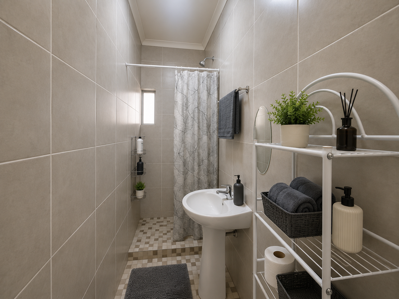A compact bathroom featuring neutral wall tiles, a pedestal basin, and a shower area with a curtain rail.