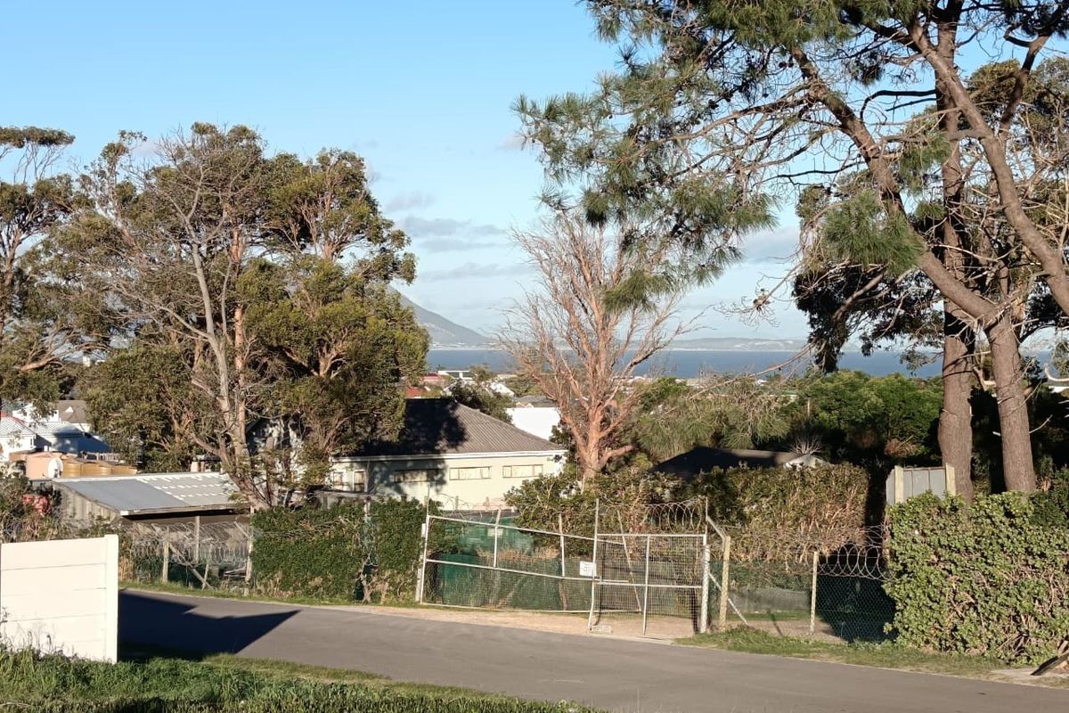 A scenic view overlooking the surrounding neighborhood and distant coastline, framed by mature trees and residential perimeter fencing.