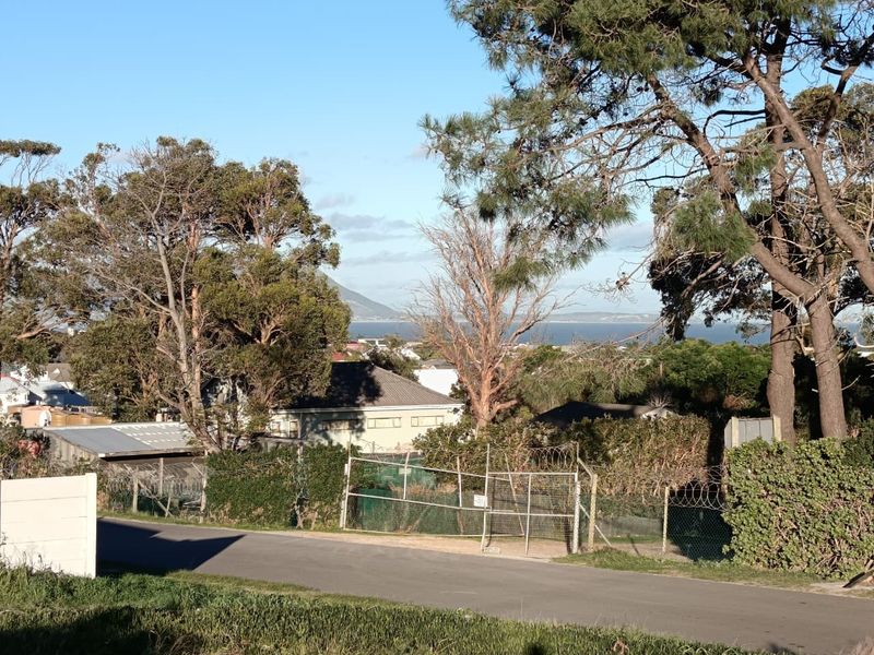 A scenic view overlooking the surrounding neighborhood and distant coastline, framed by mature trees and residential perimeter fencing.