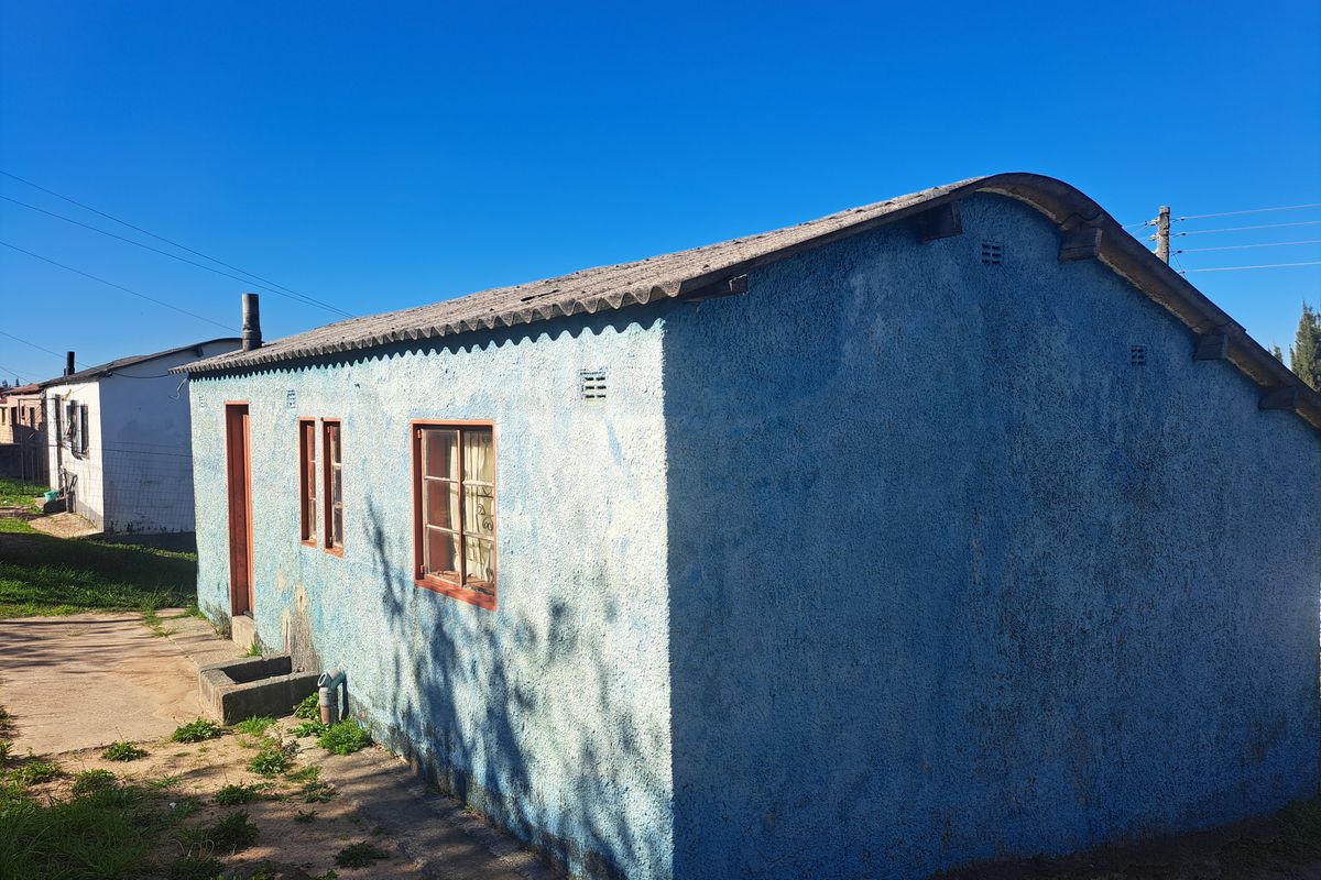 A side view of a detached residential structure featuring a textured blue facade, corrugated roofing, and timber-framed windows.