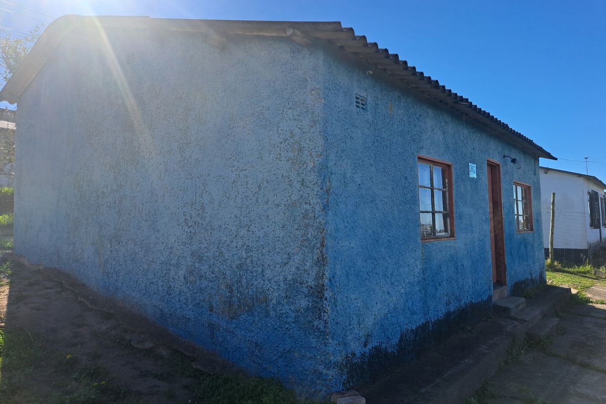A side view of a single-story house featuring a textured blue exterior, corrugated roofing, and timber-framed windows.