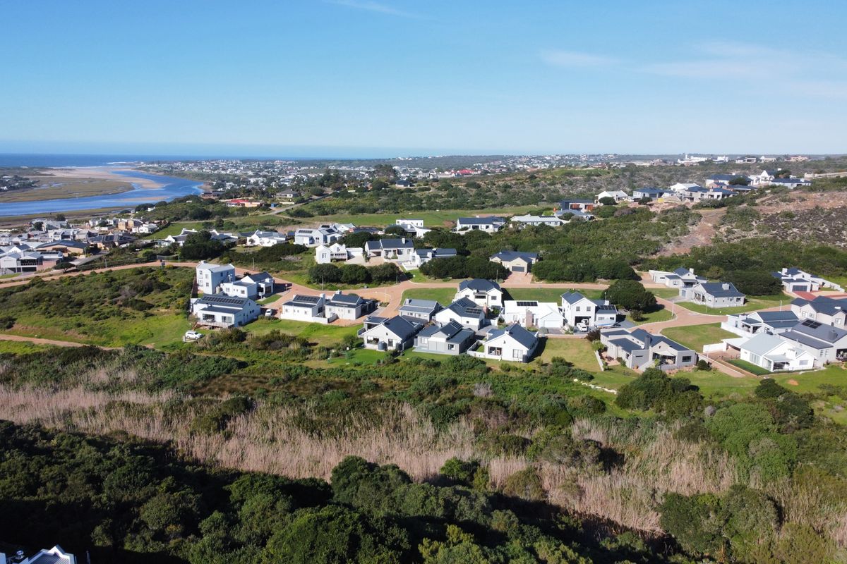 An aerial view of a coastal residential estate featuring modern homes nestled within natural vegetation and proximity to the estuary and coastline.