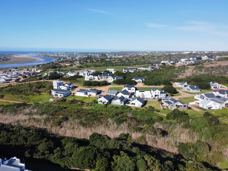 An aerial view of a coastal residential estate featuring modern homes nestled within natural vegetation and proximity to the estuary and coastline.