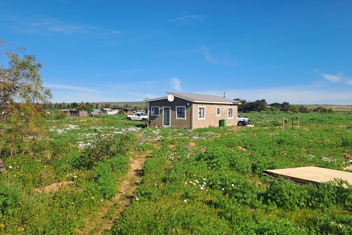 A view of the rear elevation of a small holding dwelling set within a large, open, grassy field.