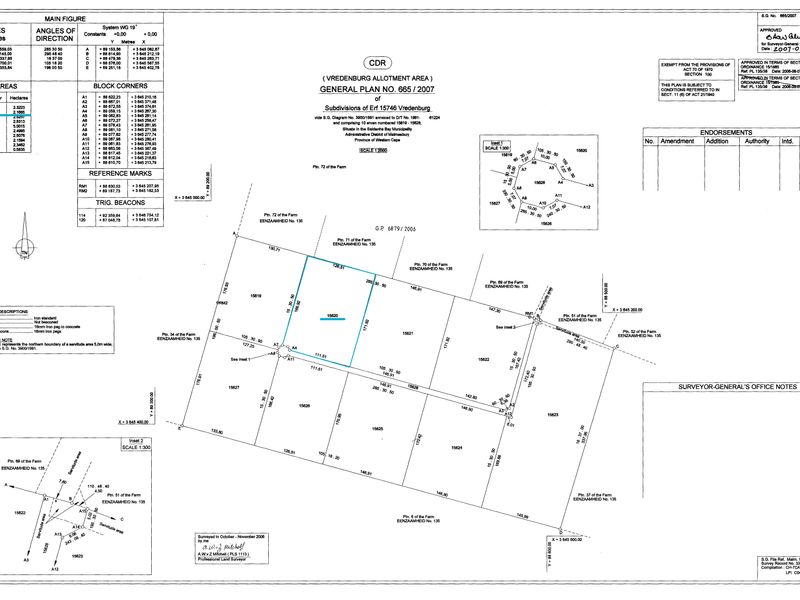 Official Surveyor-General general plan document detailing the subdivision and boundary measurements for the Vredenburg allotment area.