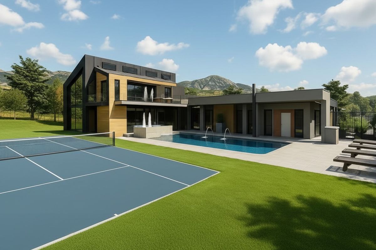 Modern luxury residence featuring a private swimming pool, water fountains, and a tennis court set within a landscaped garden with mountain views.