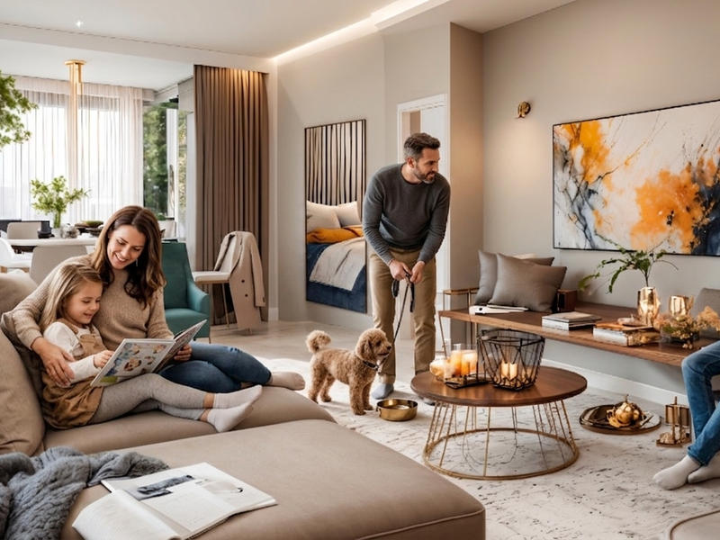 A modern, well-lit living room featuring recessed ceiling lighting, wall sconces, and large sliding glass doors leading to an outdoor area.