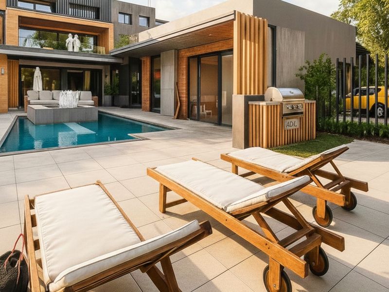 Modern outdoor pool area featuring a tiled patio, built-in barbecue station, and contemporary architectural design with timber accents.