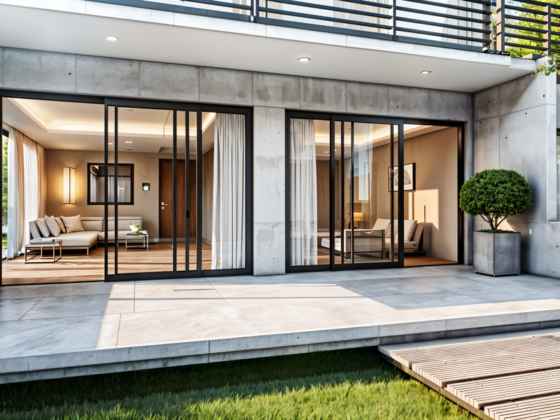 Modern ground floor patio featuring large sliding glass doors, concrete wall finishes, and seamless transition to the interior living space.