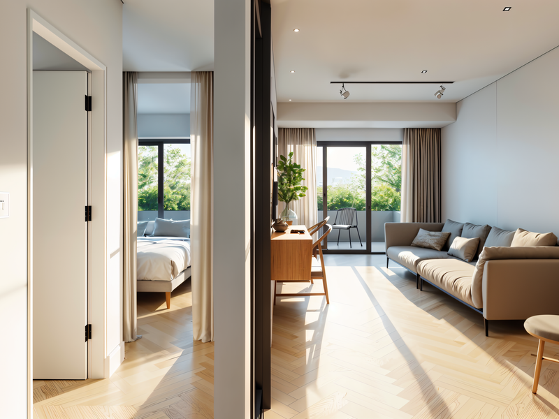 Modern living area featuring herringbone timber flooring, recessed lighting, and seamless access to a private balcony through large sliding glass doors.